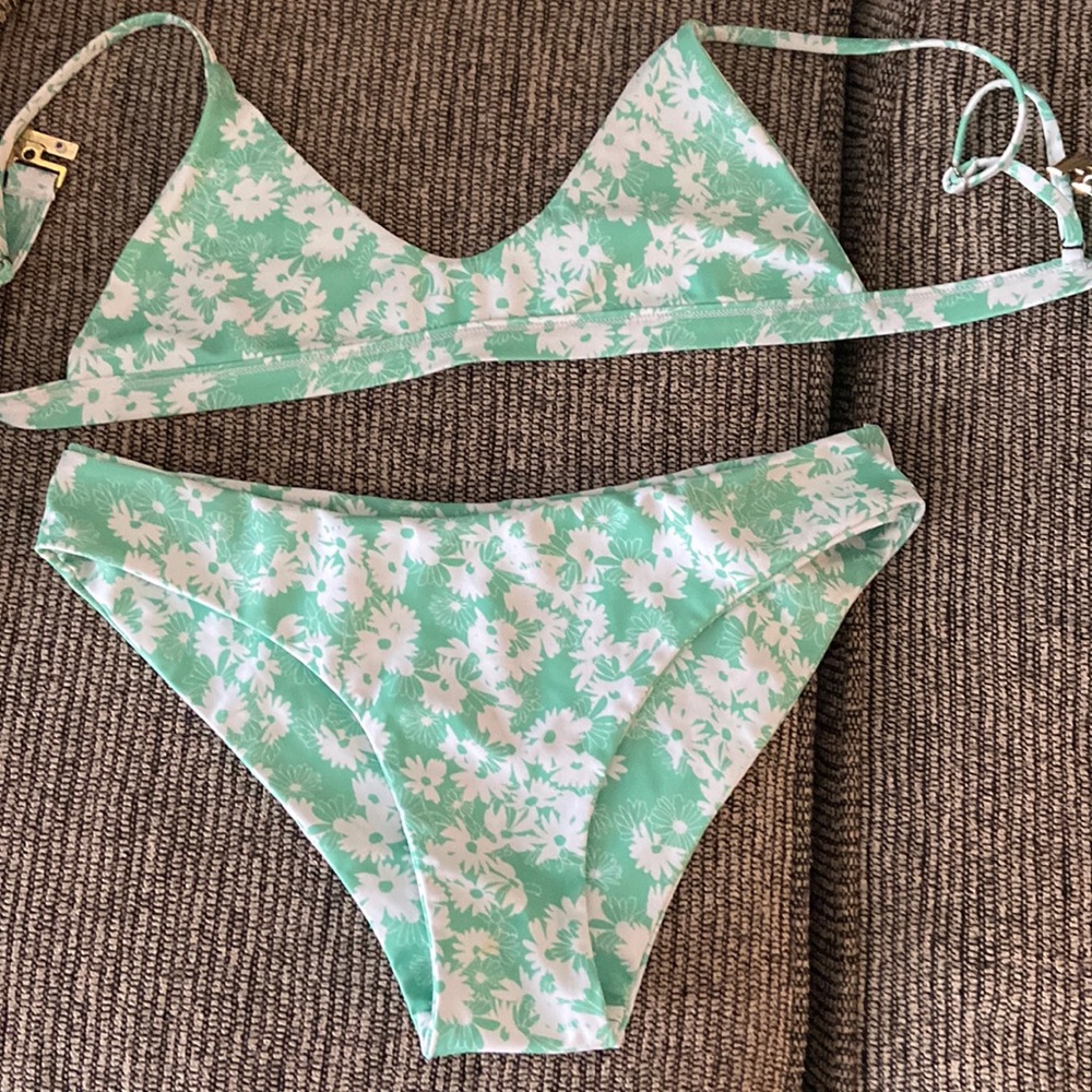 Green and White Floral Kulani Kini bikini set